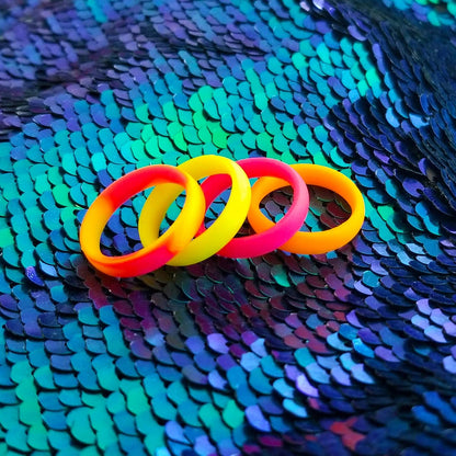 Silicone Rings for Women Rainbow Neon Pink Yellow Orange – Bright Camo Rubber Wedding Band – Gym Workout Pilates Yoga Ring for Her