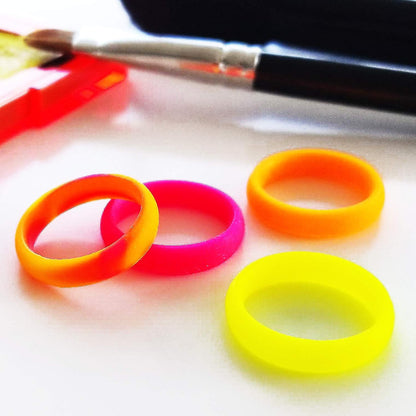 Silicone Rings for Women Rainbow Neon Pink Yellow Orange – Bright Camo Rubber Wedding Band – Gym Workout Pilates Yoga Ring for Her