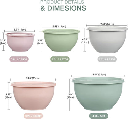 Plastic Mixing Bowls with Lids Set for Kitchen, 5 Set Nesting Bowls for Mixing, Baking, Prepping, Cooking and Serving Food, Mixing Bowls Dishwasher, Microwave Safe