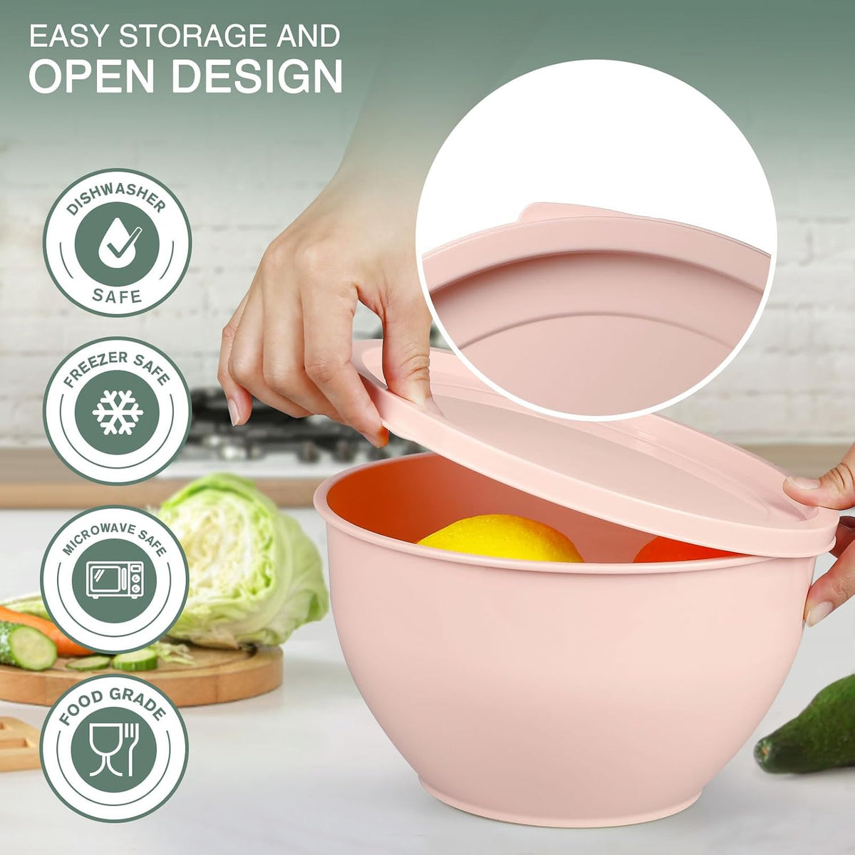 Plastic Mixing Bowls with Lids Set for Kitchen, 5 Set Nesting Bowls for Mixing, Baking, Prepping, Cooking and Serving Food, Mixing Bowls Dishwasher, Microwave Safe