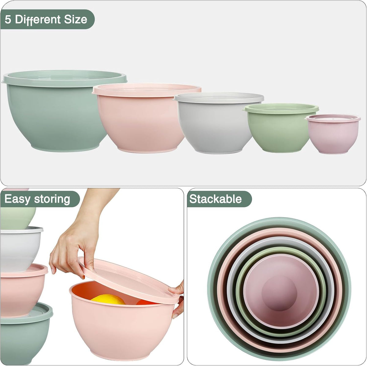 Plastic Mixing Bowls with Lids Set for Kitchen, 5 Set Nesting Bowls for Mixing, Baking, Prepping, Cooking and Serving Food, Mixing Bowls Dishwasher, Microwave Safe