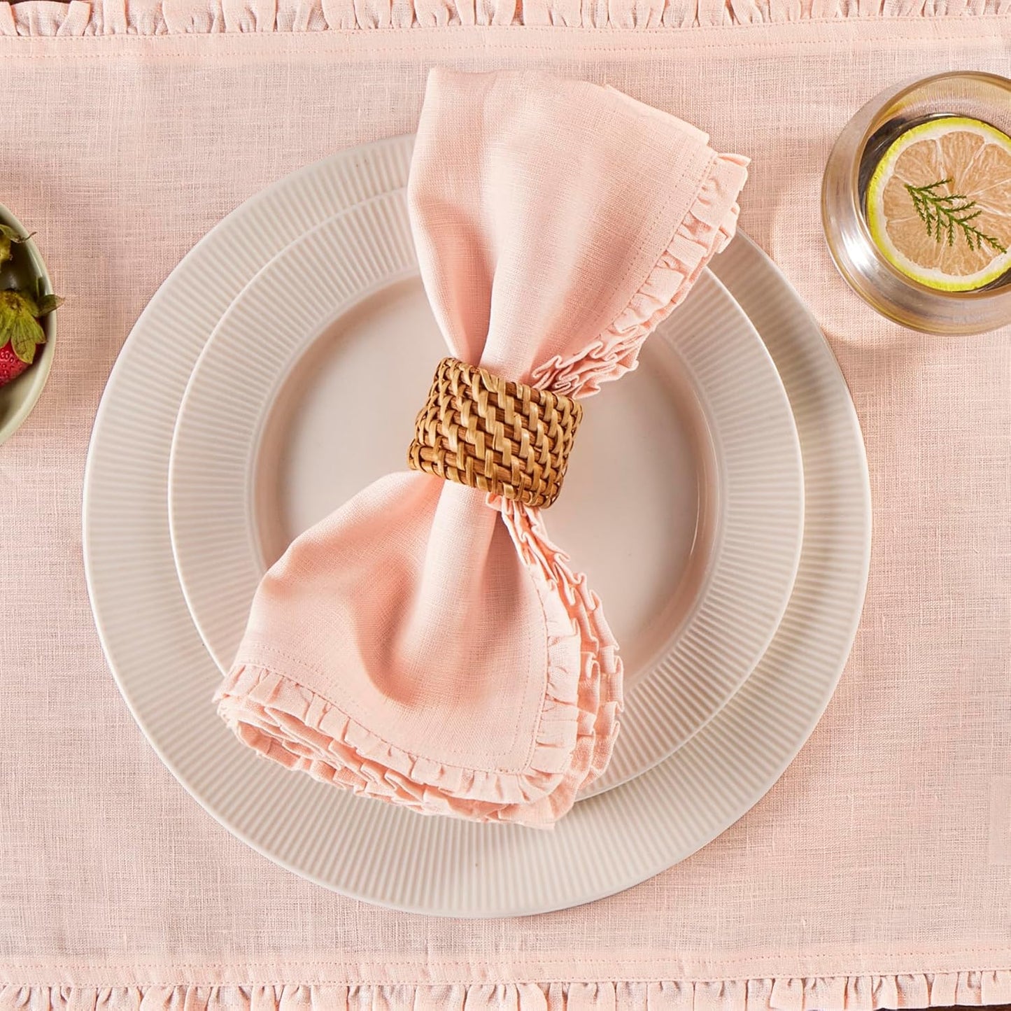 Solino Home Peach Cloud Linen Dinner Napkins 20 x 20 Inch - 100% Pure Linen Juliette Ruffle Cloth Napkins Set of 4 for Spring, Summer - Handcrafted and Machine Washable