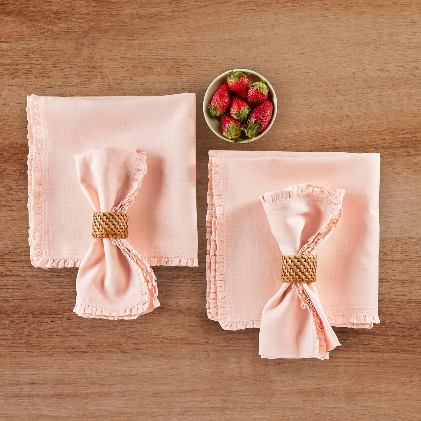 Solino Home Peach Cloud Linen Dinner Napkins 20 x 20 Inch - 100% Pure Linen Juliette Ruffle Cloth Napkins Set of 4 for Spring, Summer - Handcrafted and Machine Washable