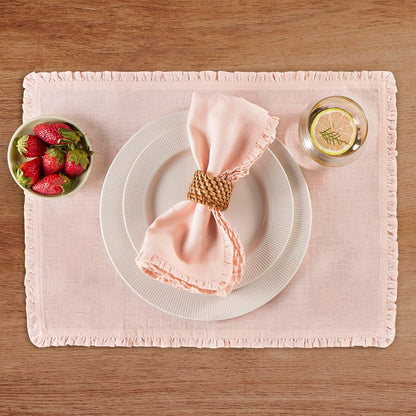Solino Home Peach Cloud Linen Dinner Napkins 20 x 20 Inch - 100% Pure Linen Juliette Ruffle Cloth Napkins Set of 4 for Spring, Summer - Handcrafted and Machine Washable