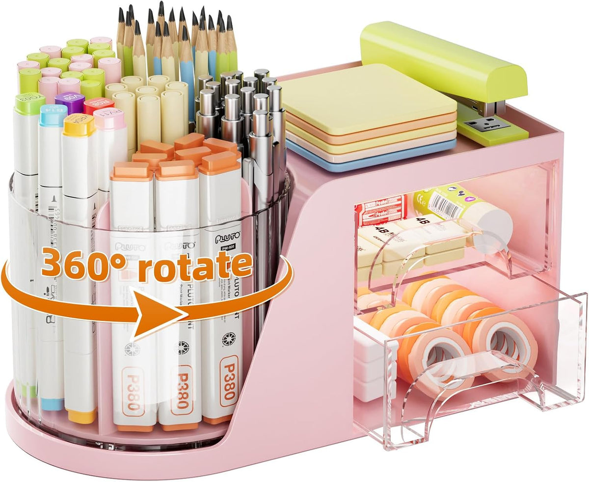 Desk Organizer with 2 Drawer, 360°Rotating Pen Holder, Desk Organizers and Accessories with 6 Slots Pencil Organizer + 2 Drawer, Art Supply Storage Box Caddy for Office (Pink)