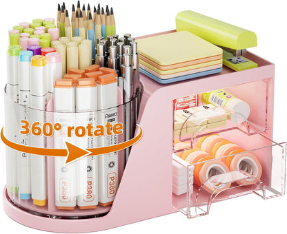 Desk Organizer with 2 Drawer, 360°Rotating Pen Holder, Desk Organizers and Accessories with 6 Slots Pencil Organizer + 2 Drawer, Art Supply Storage Box Caddy for Office (Pink)