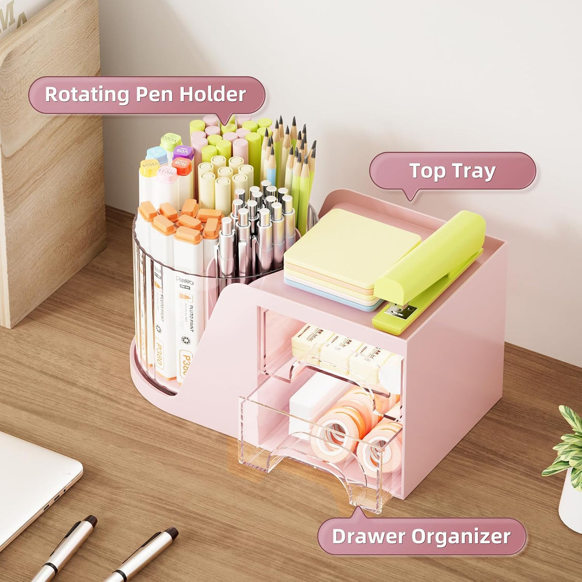 Desk Organizer with 2 Drawer, 360°Rotating Pen Holder, Desk Organizers and Accessories with 6 Slots Pencil Organizer + 2 Drawer, Art Supply Storage Box Caddy for Office (Pink)
