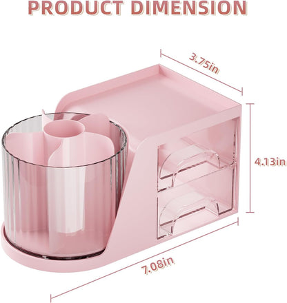 Desk Organizer with 2 Drawer, 360°Rotating Pen Holder, Desk Organizers and Accessories with 6 Slots Pencil Organizer + 2 Drawer, Art Supply Storage Box Caddy for Office (Pink)