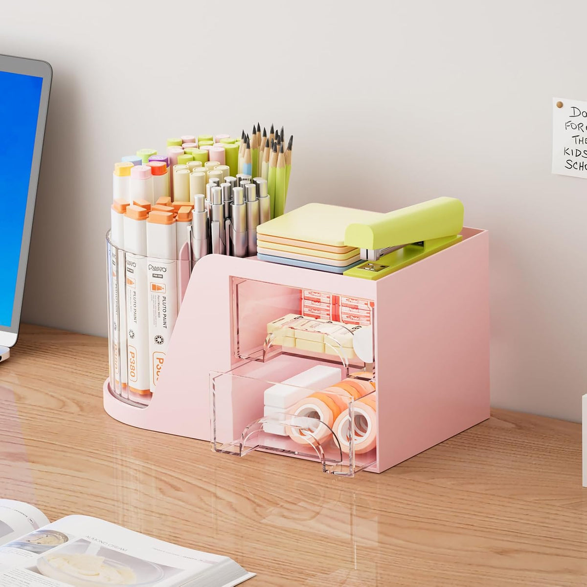 Desk Organizer with 2 Drawer, 360°Rotating Pen Holder, Desk Organizers and Accessories with 6 Slots Pencil Organizer + 2 Drawer, Art Supply Storage Box Caddy for Office (Pink)