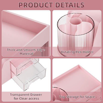 Desk Organizer with 2 Drawer, 360°Rotating Pen Holder, Desk Organizers and Accessories with 6 Slots Pencil Organizer + 2 Drawer, Art Supply Storage Box Caddy for Office (Pink)