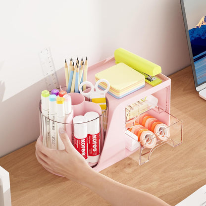 Desk Organizer with 2 Drawer, 360°Rotating Pen Holder, Desk Organizers and Accessories with 6 Slots Pencil Organizer + 2 Drawer, Art Supply Storage Box Caddy for Office (Pink)