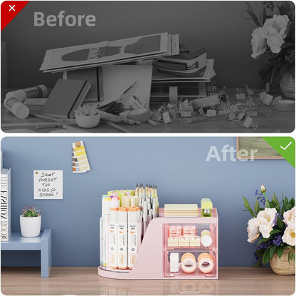 Desk Organizer with 2 Drawer, 360°Rotating Pen Holder, Desk Organizers and Accessories with 6 Slots Pencil Organizer + 2 Drawer, Art Supply Storage Box Caddy for Office (Pink)