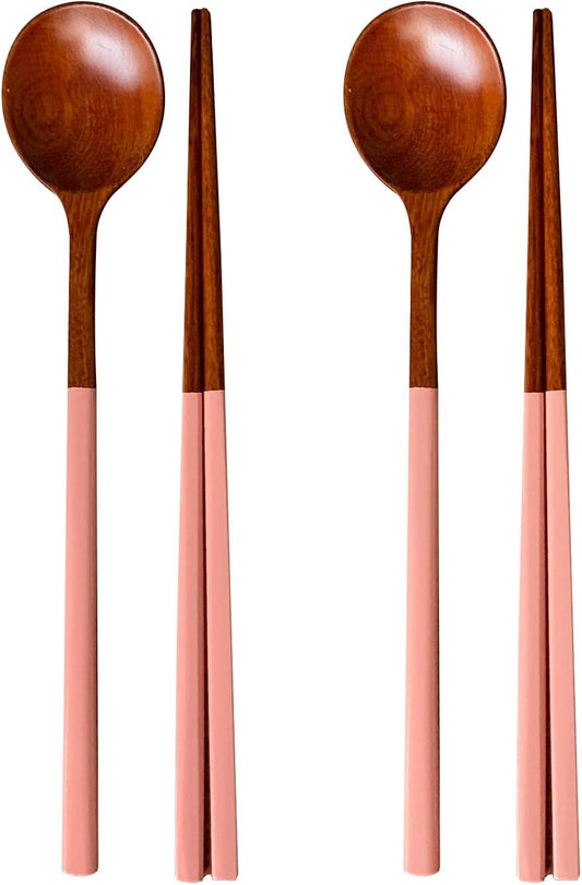 Korea traditional lacquer wooden Chopsticks and Spoon Set, 2 Pair, Pink