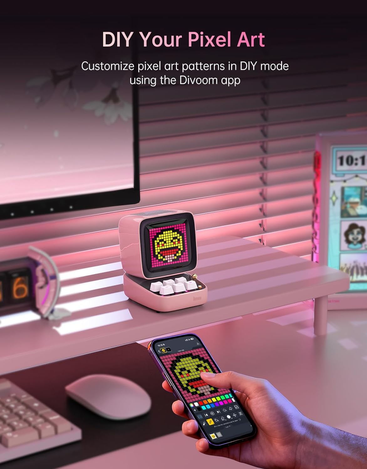 Ditoo Retro Pixel Art 15W Bluetooth Speaker,Cute Speaker with Alarm Clock,White Noise & Mini Games,Iconic Desk Setup Speaker with 16X16 LED App Controlled Front Screen,Gifts for Anyone (Pink)