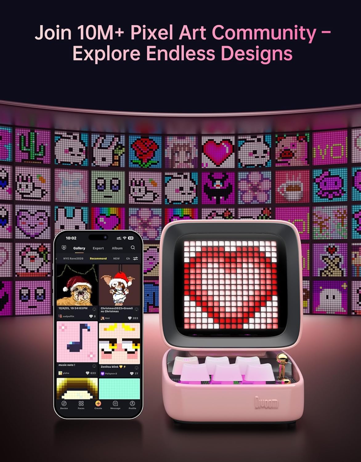Ditoo Retro Pixel Art 15W Bluetooth Speaker,Cute Speaker with Alarm Clock,White Noise & Mini Games,Iconic Desk Setup Speaker with 16X16 LED App Controlled Front Screen,Gifts for Anyone (Pink)