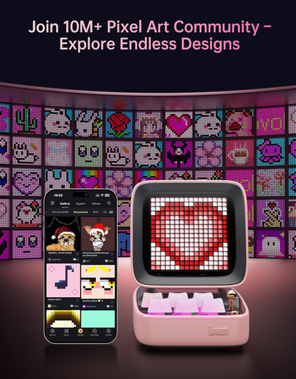 Ditoo Retro Pixel Art 15W Bluetooth Speaker,Cute Speaker with Alarm Clock,White Noise & Mini Games,Iconic Desk Setup Speaker with 16X16 LED App Controlled Front Screen,Gifts for Anyone (Pink)