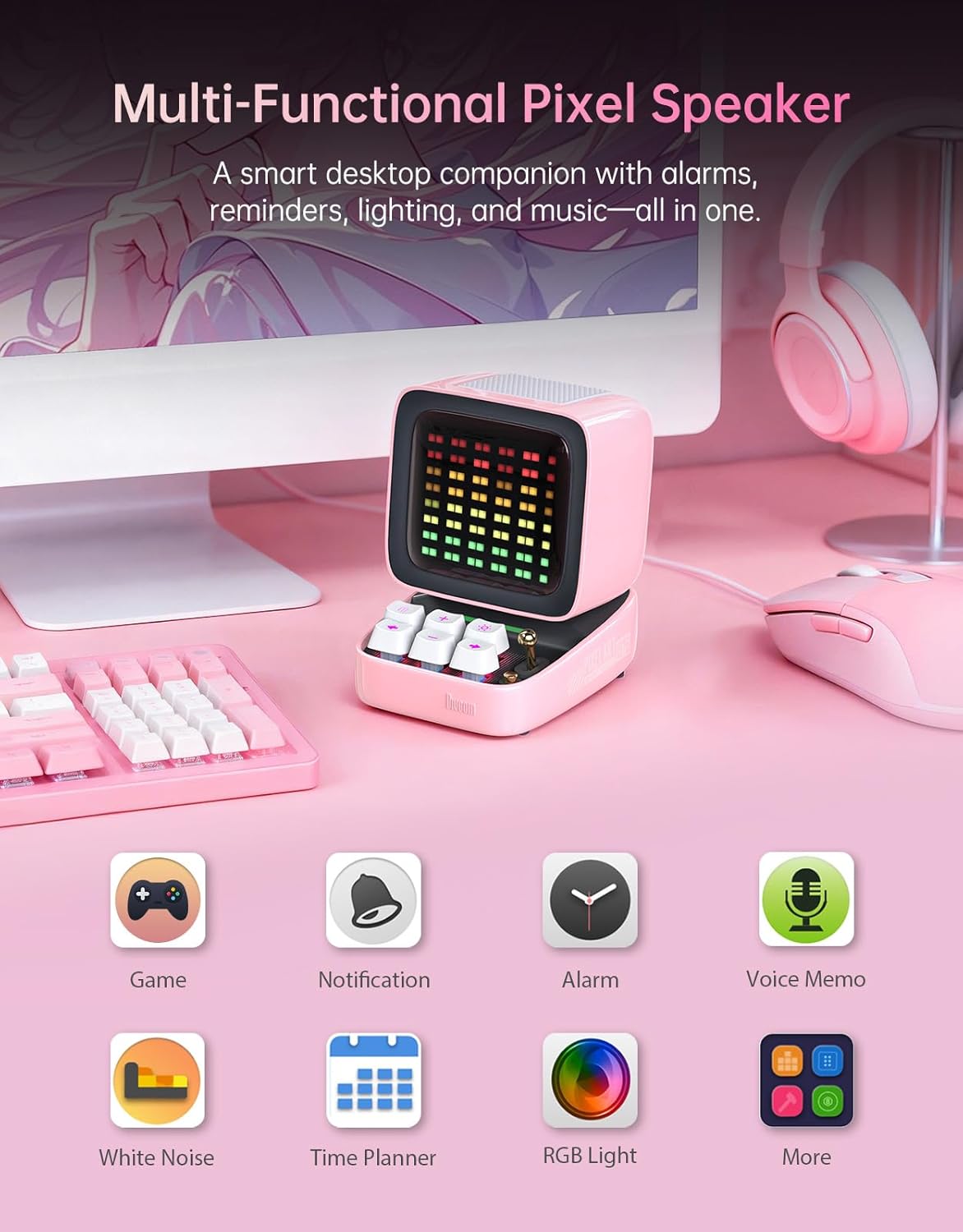 Ditoo Retro Pixel Art 15W Bluetooth Speaker,Cute Speaker with Alarm Clock,White Noise & Mini Games,Iconic Desk Setup Speaker with 16X16 LED App Controlled Front Screen,Gifts for Anyone (Pink)