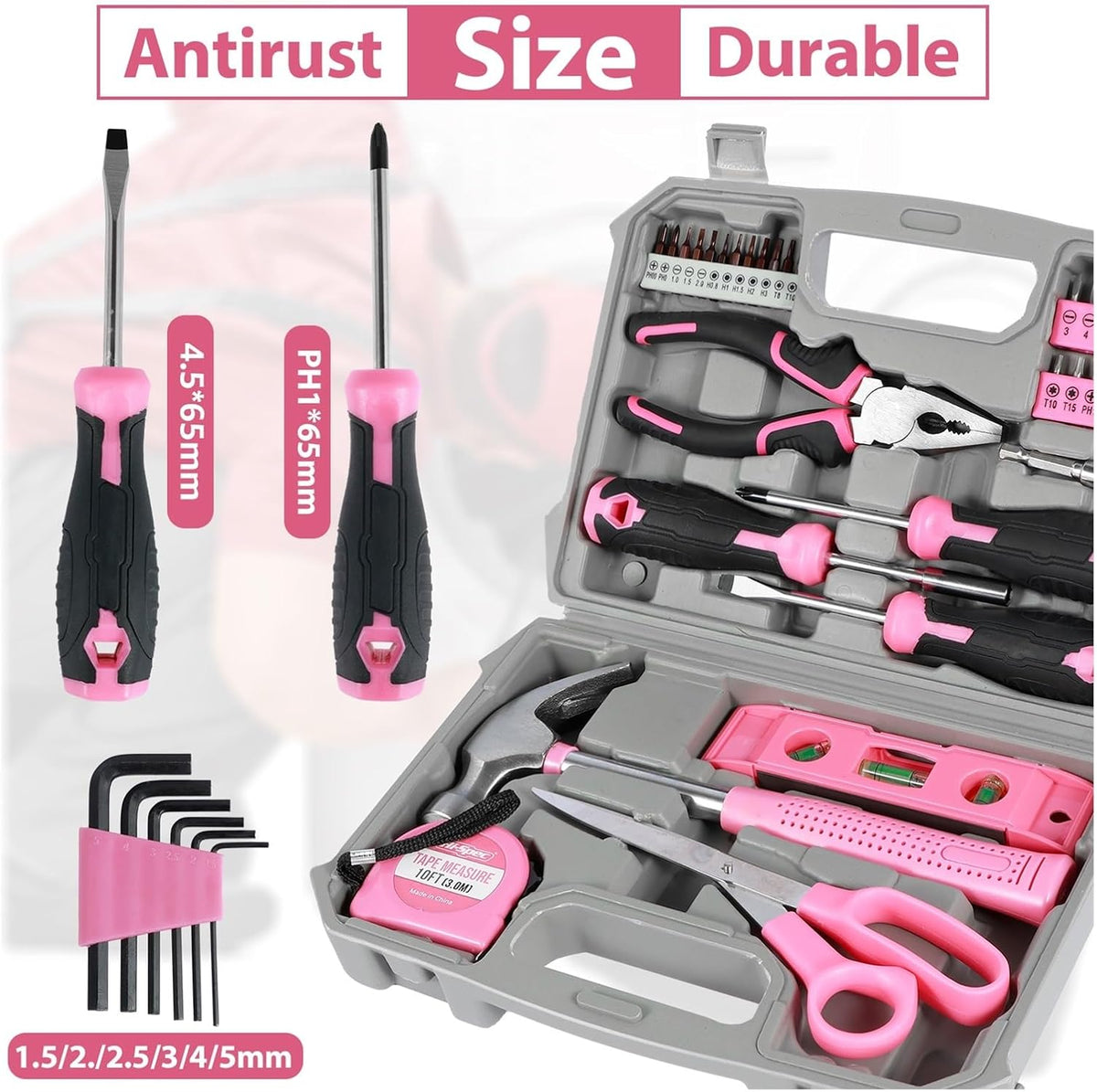 37/13Pcs Household Repair Tool Kit Multipurpose Home Hand Tool Set with Storage Case Pink Hammer Screwdriver Set Measuring Tool (Color : 37PCS as show)