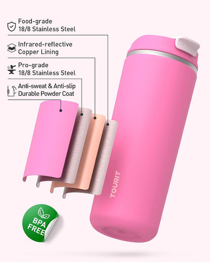 16 oz Insulated Stainless Steel Travel Mug with Lid, Leak-Proof Double-Wall Vacuum Tumbler, Reusable Coffee Cup - Pink