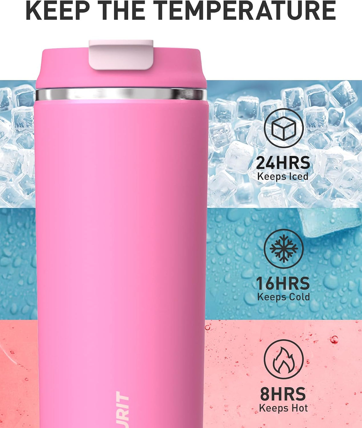 16 oz Insulated Stainless Steel Travel Mug with Lid, Leak-Proof Double-Wall Vacuum Tumbler, Reusable Coffee Cup - Pink