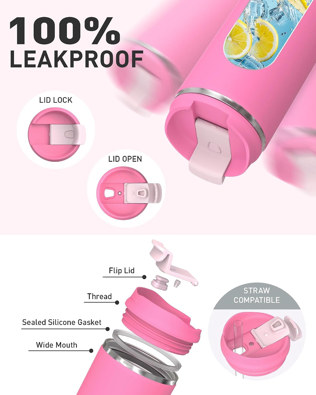 16 oz Insulated Stainless Steel Travel Mug with Lid, Leak-Proof Double-Wall Vacuum Tumbler, Reusable Coffee Cup - Pink