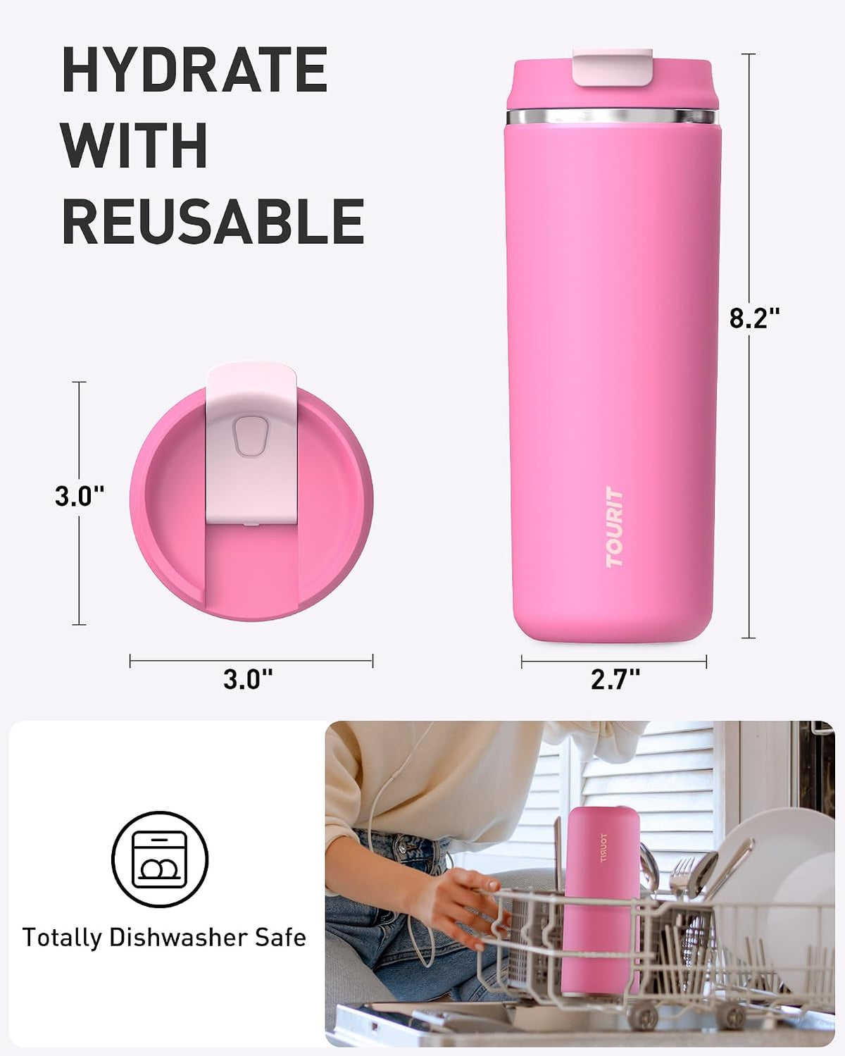 16 oz Insulated Stainless Steel Travel Mug with Lid, Leak-Proof Double-Wall Vacuum Tumbler, Reusable Coffee Cup - Pink