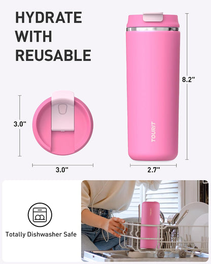 16 oz Insulated Stainless Steel Travel Mug with Lid, Leak-Proof Double-Wall Vacuum Tumbler, Reusable Coffee Cup - Pink