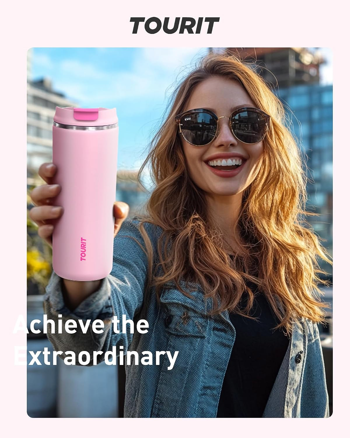 16 oz Insulated Stainless Steel Travel Mug with Lid, Leak-Proof Double-Wall Vacuum Tumbler, Reusable Coffee Cup - Pink