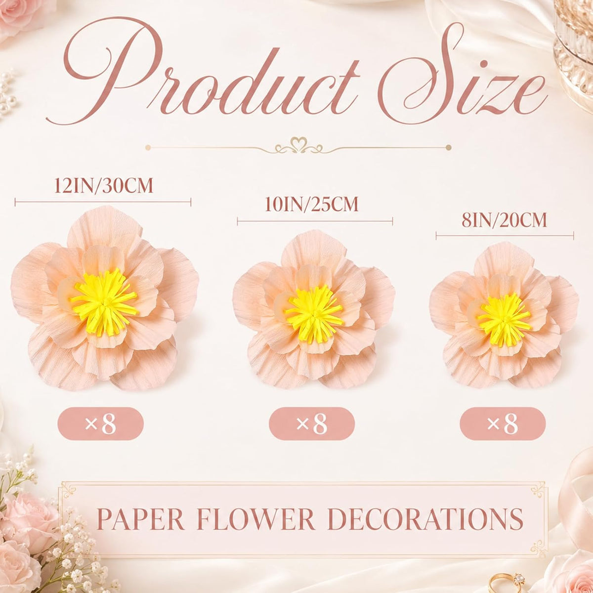 24 Pcs Tissue Paper Flowers, Crepe Paper Flowers Decorations 8" 10" 12" for Wedding Party Baby Bridal Shower Carnival Party Birthday Nursery Wall Decor (Peach)
