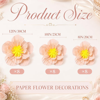 24 Pcs Tissue Paper Flowers, Crepe Paper Flowers Decorations 8" 10" 12" for Wedding Party Baby Bridal Shower Carnival Party Birthday Nursery Wall Decor (Peach)