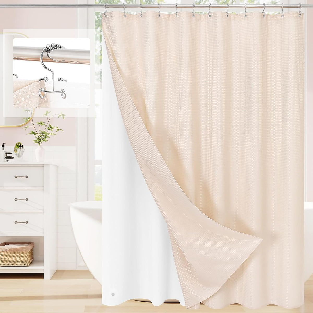 3 in 1 Blush Pink Shower Curtain Set with PEVA Liner & 12 Hooks, 72 x 72