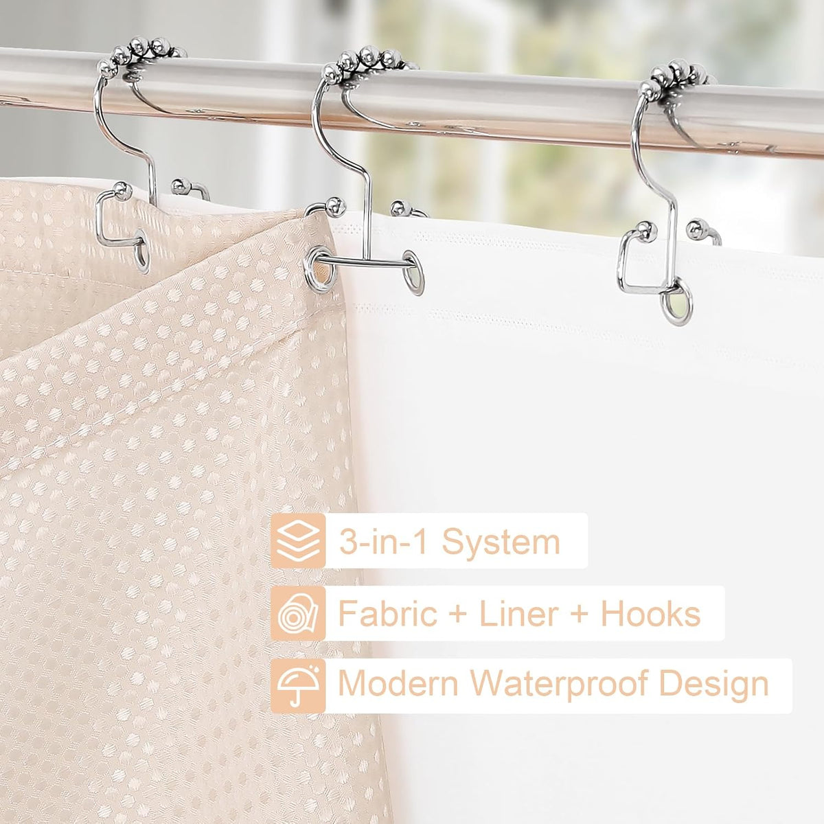 3 in 1 Blush Pink Shower Curtain Set with PEVA Liner & 12 Hooks, 72 x 72