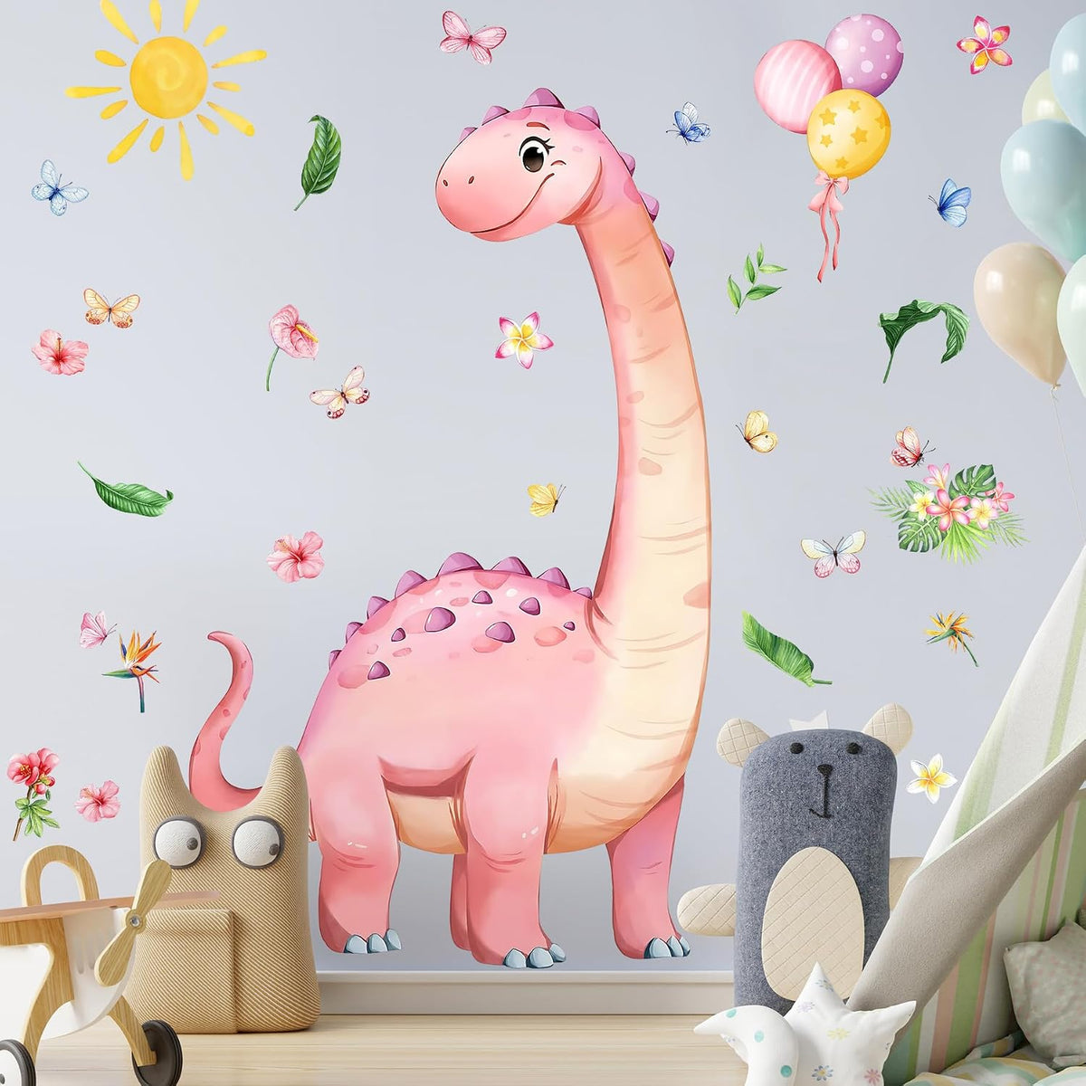 Dinosaur Wall Decals for Girls Room Pink Dino Wall Stickers with Flowers Sun Palm Leaves Kids Baby Nursery Bedroom Playroom Living Room Classroom Home Wall Decor UV24Y11661-Pink