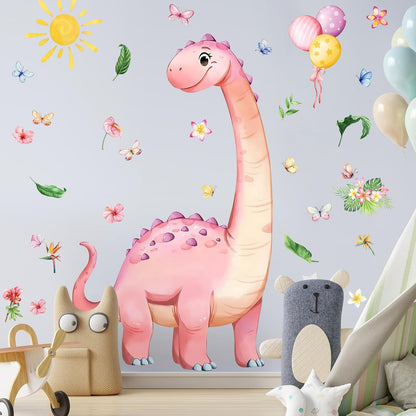 Dinosaur Wall Decals for Girls Room Pink Dino Wall Stickers with Flowers Sun Palm Leaves Kids Baby Nursery Bedroom Playroom Living Room Classroom Home Wall Decor UV24Y11661-Pink
