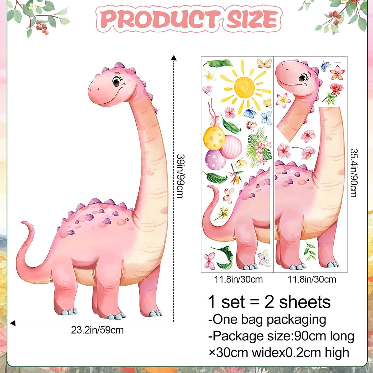 Dinosaur Wall Decals for Girls Room Pink Dino Wall Stickers with Flowers Sun Palm Leaves Kids Baby Nursery Bedroom Playroom Living Room Classroom Home Wall Decor UV24Y11661-Pink