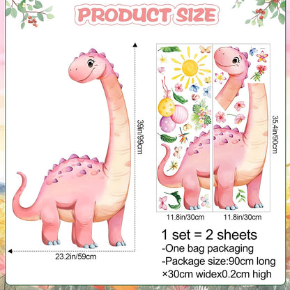 Dinosaur Wall Decals for Girls Room Pink Dino Wall Stickers with Flowers Sun Palm Leaves Kids Baby Nursery Bedroom Playroom Living Room Classroom Home Wall Decor UV24Y11661-Pink