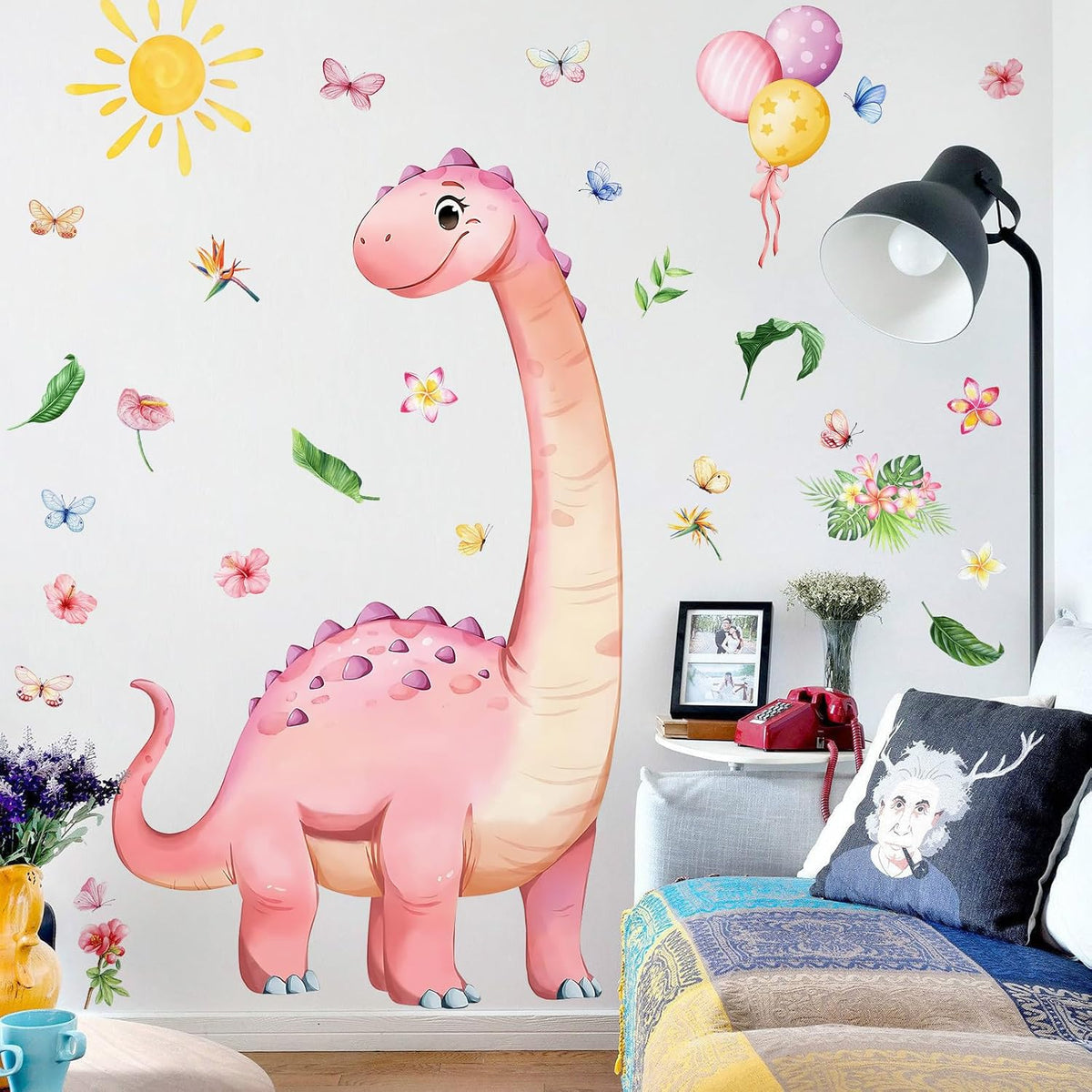 Dinosaur Wall Decals for Girls Room Pink Dino Wall Stickers with Flowers Sun Palm Leaves Kids Baby Nursery Bedroom Playroom Living Room Classroom Home Wall Decor UV24Y11661-Pink
