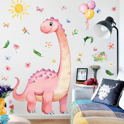Dinosaur Wall Decals for Girls Room Pink Dino Wall Stickers with Flowers Sun Palm Leaves Kids Baby Nursery Bedroom Playroom Living Room Classroom Home Wall Decor UV24Y11661-Pink