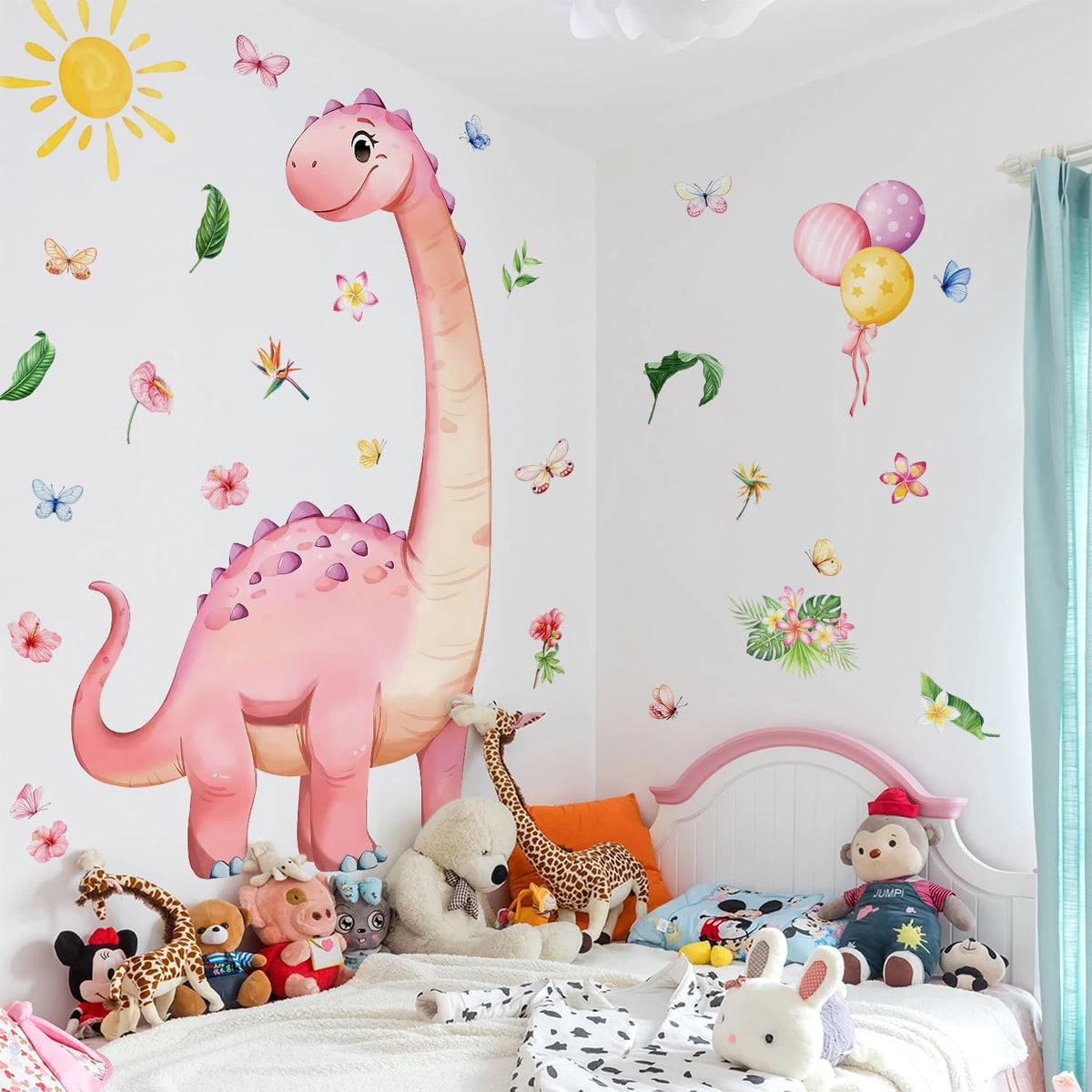 Dinosaur Wall Decals for Girls Room Pink Dino Wall Stickers with Flowers Sun Palm Leaves Kids Baby Nursery Bedroom Playroom Living Room Classroom Home Wall Decor UV24Y11661-Pink