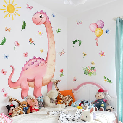 Dinosaur Wall Decals for Girls Room Pink Dino Wall Stickers with Flowers Sun Palm Leaves Kids Baby Nursery Bedroom Playroom Living Room Classroom Home Wall Decor UV24Y11661-Pink