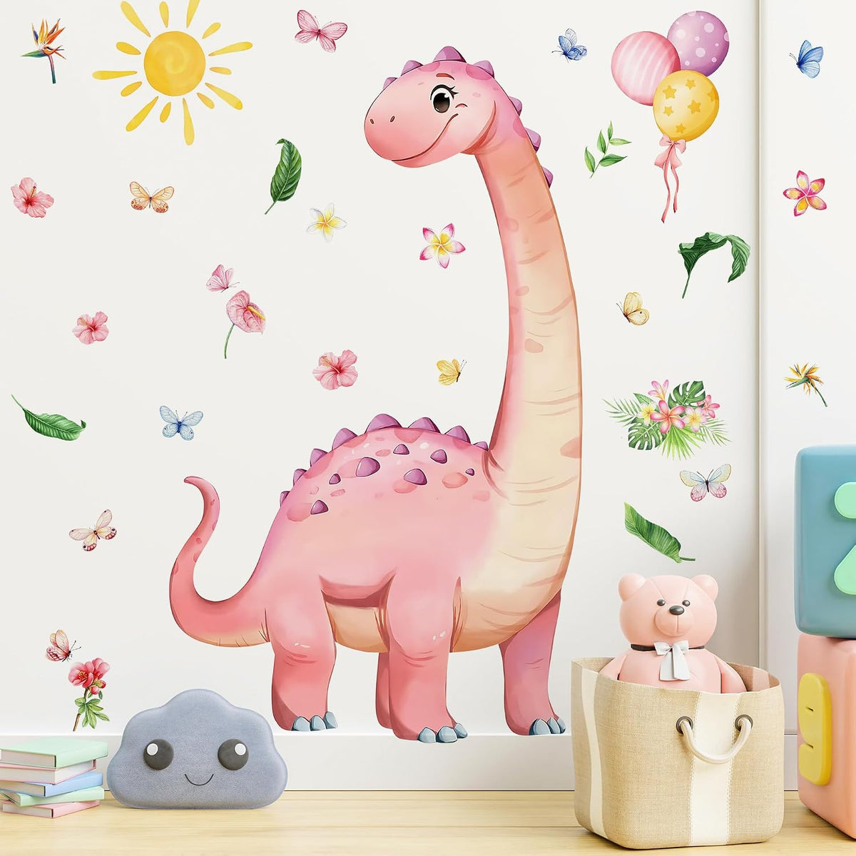 Dinosaur Wall Decals for Girls Room Pink Dino Wall Stickers with Flowers Sun Palm Leaves Kids Baby Nursery Bedroom Playroom Living Room Classroom Home Wall Decor UV24Y11661-Pink