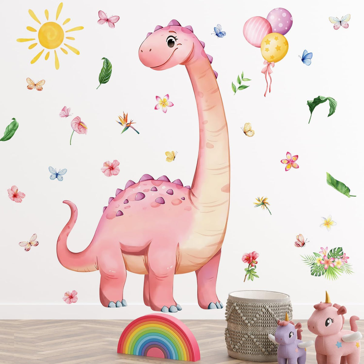 Dinosaur Wall Decals for Girls Room Pink Dino Wall Stickers with Flowers Sun Palm Leaves Kids Baby Nursery Bedroom Playroom Living Room Classroom Home Wall Decor UV24Y11661-Pink