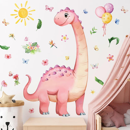 Dinosaur Wall Decals for Girls Room Pink Dino Wall Stickers with Flowers Sun Palm Leaves Kids Baby Nursery Bedroom Playroom Living Room Classroom Home Wall Decor UV24Y11661-Pink