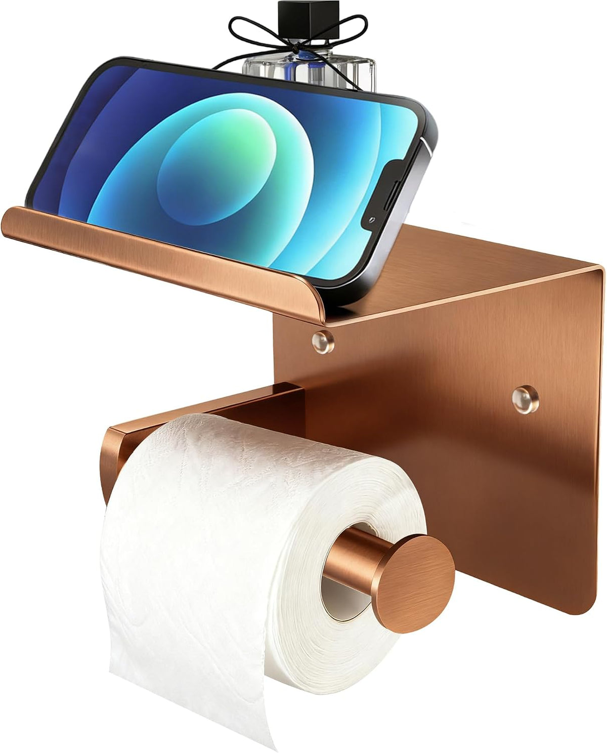 Rose Gold Toilet Paper Holder with Shelf, SUS304 Stainless Steel Rustproof Wall Mount Toilet Paper Roll Holder, Screw Bathroom Toilet Paper Holder for Kitchen, Washroom, RV