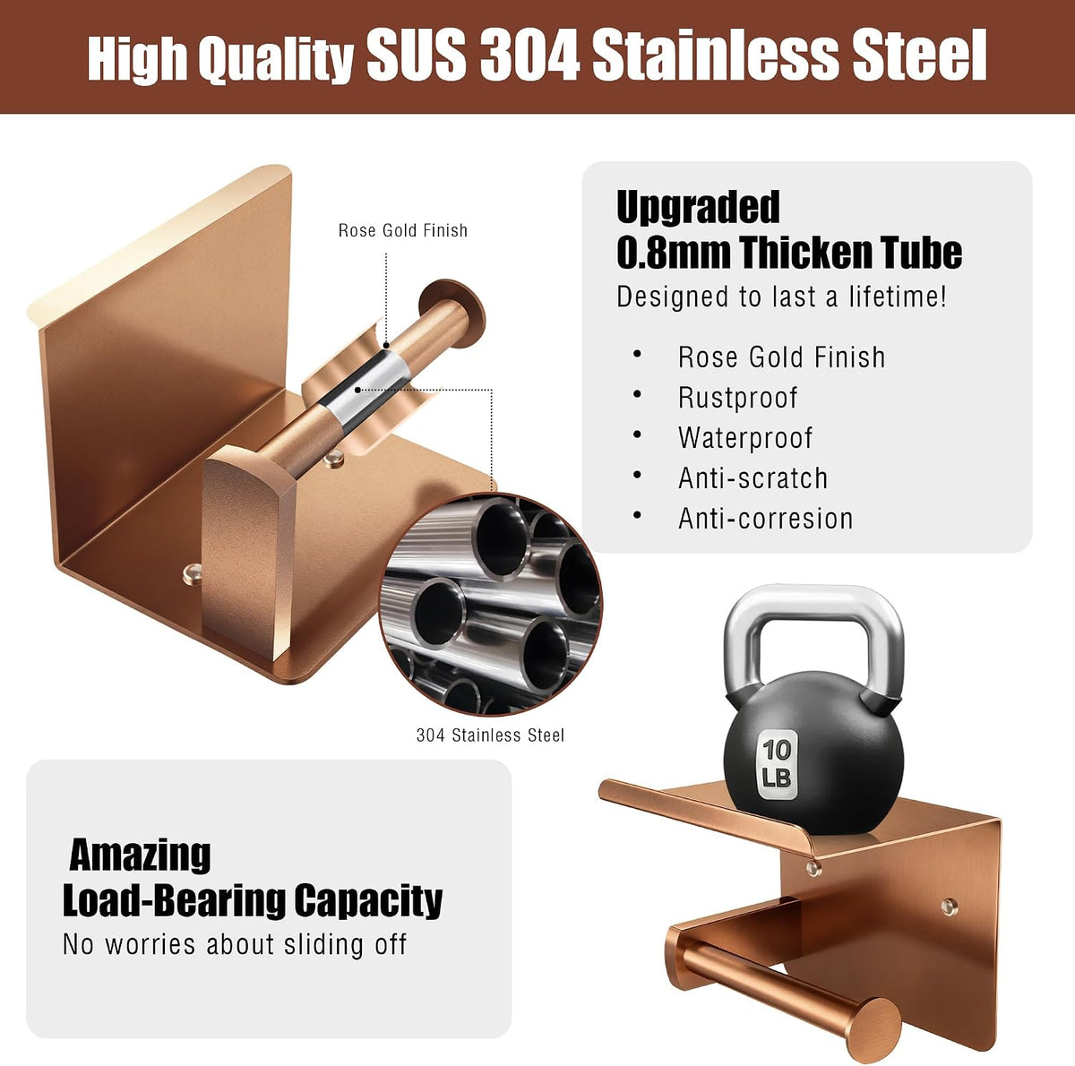 Rose Gold Toilet Paper Holder with Shelf, SUS304 Stainless Steel Rustproof Wall Mount Toilet Paper Roll Holder, Screw Bathroom Toilet Paper Holder for Kitchen, Washroom, RV