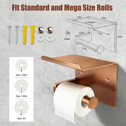 Rose Gold Toilet Paper Holder with Shelf, SUS304 Stainless Steel Rustproof Wall Mount Toilet Paper Roll Holder, Screw Bathroom Toilet Paper Holder for Kitchen, Washroom, RV
