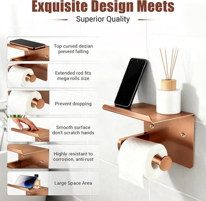 Rose Gold Toilet Paper Holder with Shelf, SUS304 Stainless Steel Rustproof Wall Mount Toilet Paper Roll Holder, Screw Bathroom Toilet Paper Holder for Kitchen, Washroom, RV
