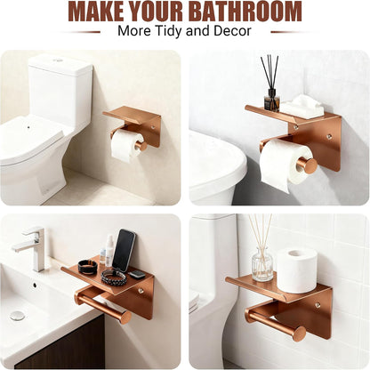 Rose Gold Toilet Paper Holder with Shelf, SUS304 Stainless Steel Rustproof Wall Mount Toilet Paper Roll Holder, Screw Bathroom Toilet Paper Holder for Kitchen, Washroom, RV
