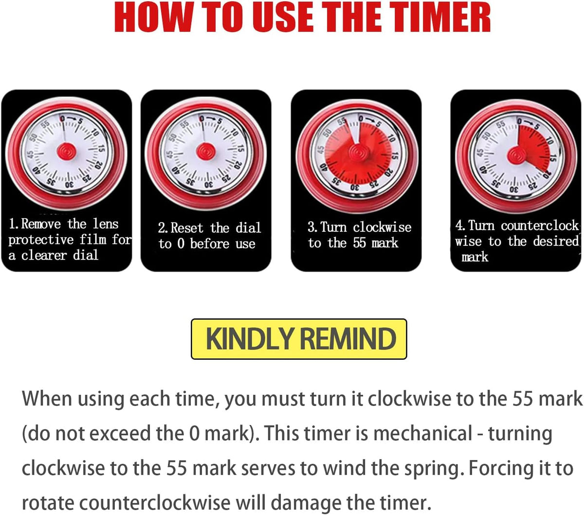 Mechanical Kitchen Timer, Eco-Friendly No Batteries Needed Magnetic 60-Minute Visual Countdown Alarm Clock for Cooking, Study, Games, Office (Pink)