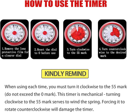 Mechanical Kitchen Timer, Eco-Friendly No Batteries Needed Magnetic 60-Minute Visual Countdown Alarm Clock for Cooking, Study, Games, Office (Pink)